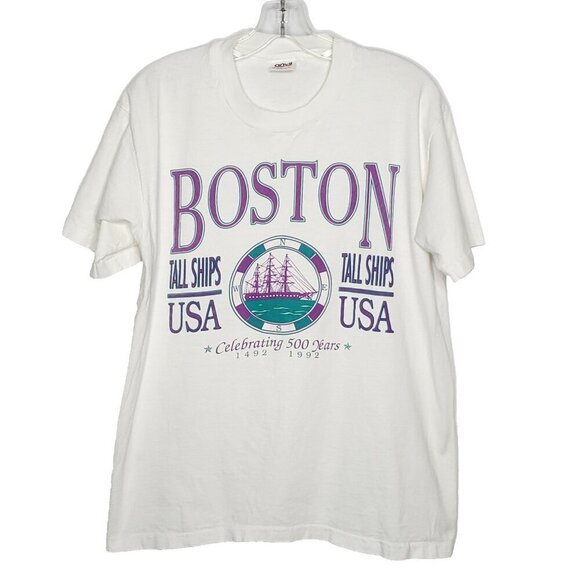 Vintage Boston Tall Ships T Shirt Sz L 500 Years 1992 White Purple Nautical - Picture 1 of 6
